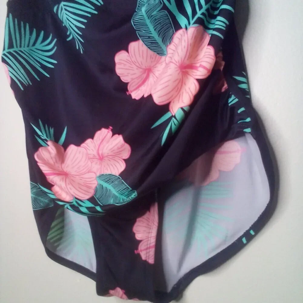 Crane Swimsuit Women XL One Piece Halter Floral Tropical Black Green Pink